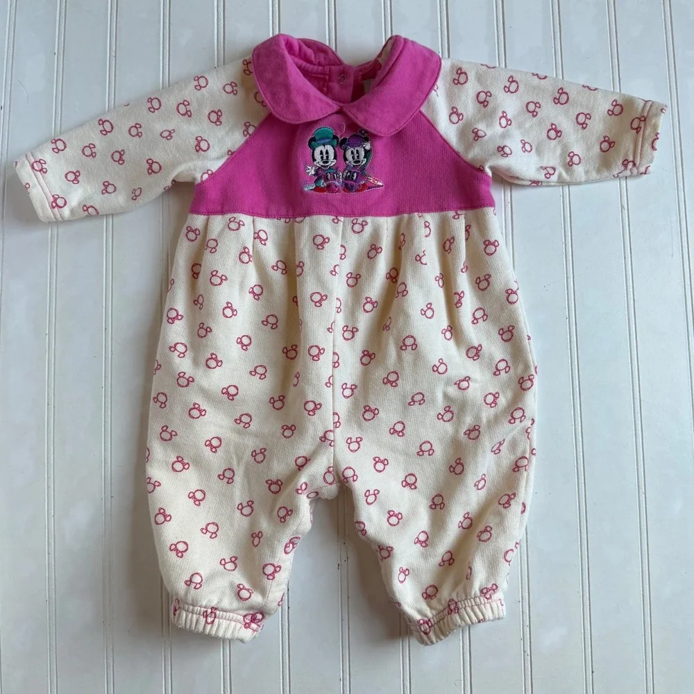 Vintage 90s Disney Baby Mickey & Co Pink Fleece Romper Mickey Minnie 6-9M